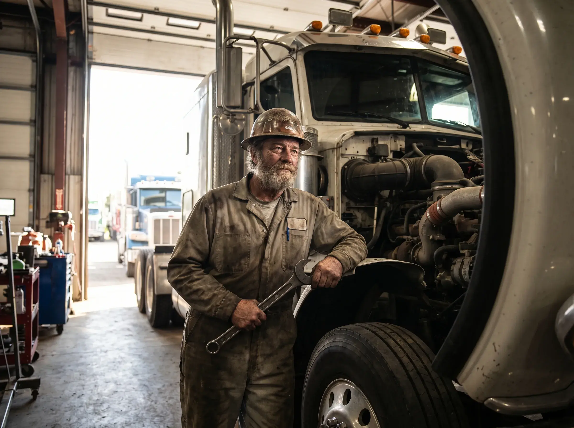 D&A Mechanics certified mechanic performing semi-truck engine inspection